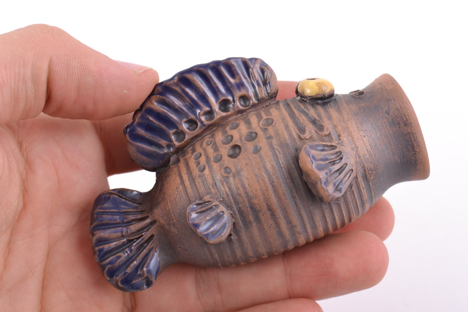 Handmade decorative ceramic figurine of fish with open mouth painted with glaze  photo 3