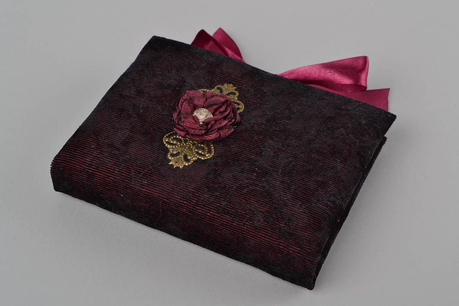 Handmade designer scrapbooking notebook with dark fabric cover and satin ribbon photo 3