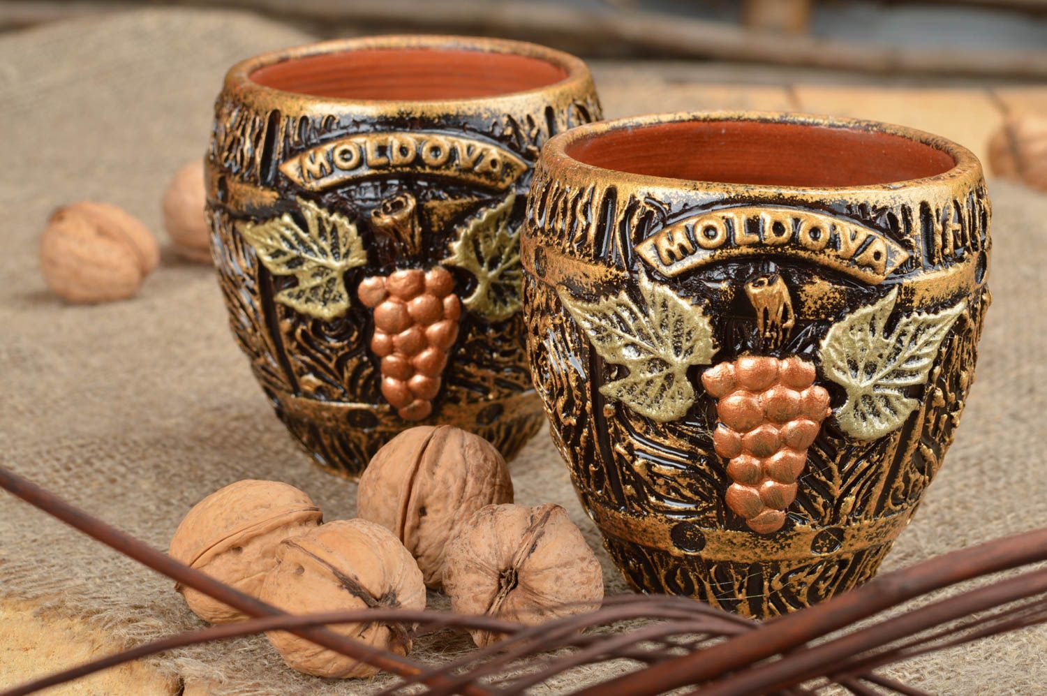 Set of two clay glazed wine 7 oz cups with hand-molded grapes' pattern photo 1