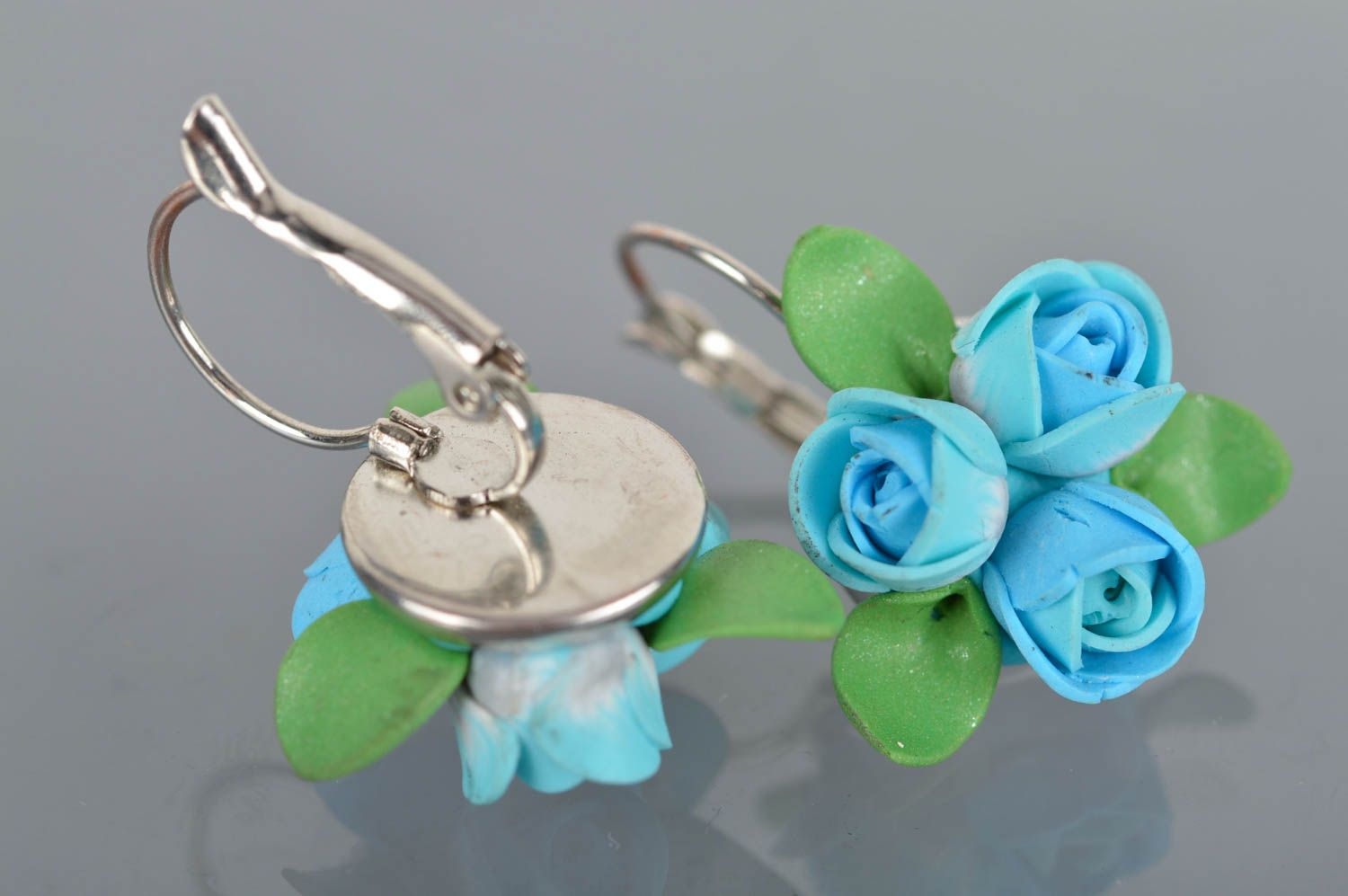 Handmade blue flower stylish earrings made of polymer clay with clasps  photo 5