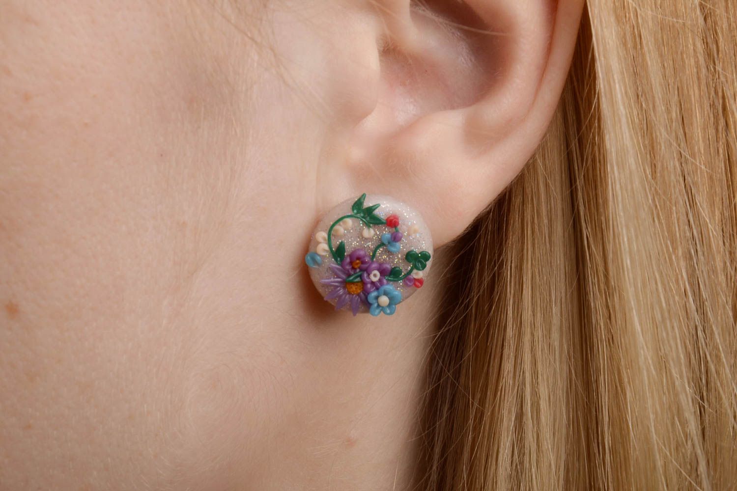 Handmade small polymer clay round stud earrings with colorful relief flowers photo 2