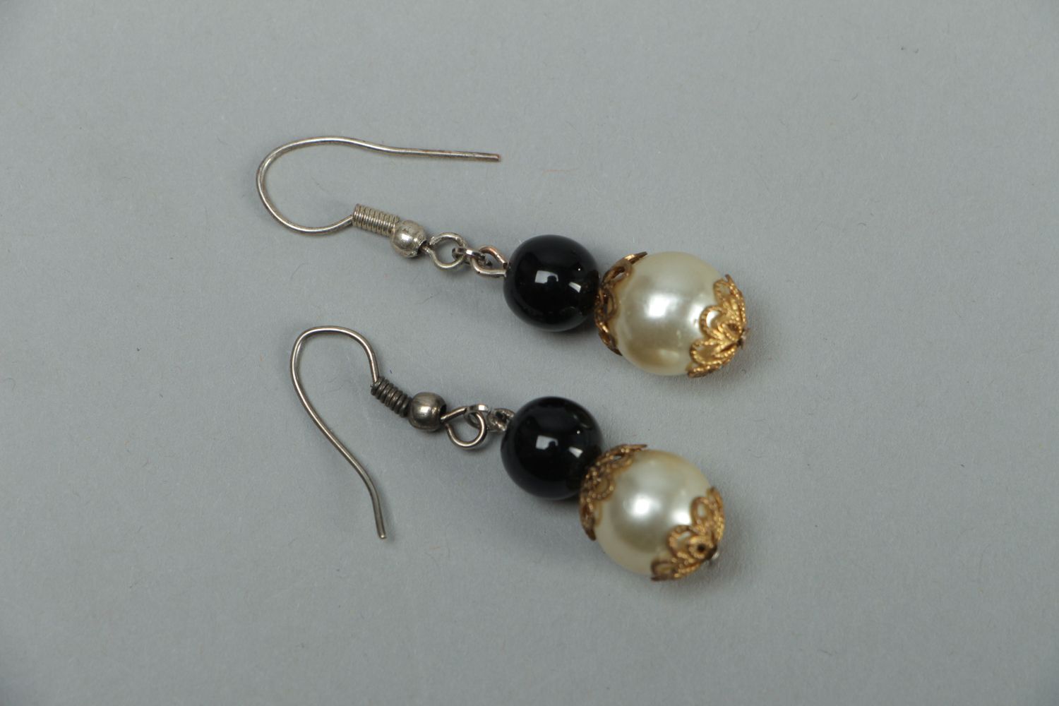 Handmade metal earrings with beads photo 1