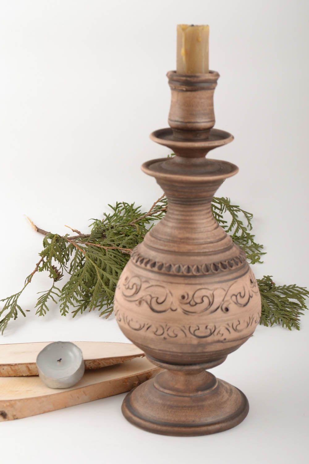 Grand bougeoir en céramique fait main brun original cadeau joli poterie   photo 1