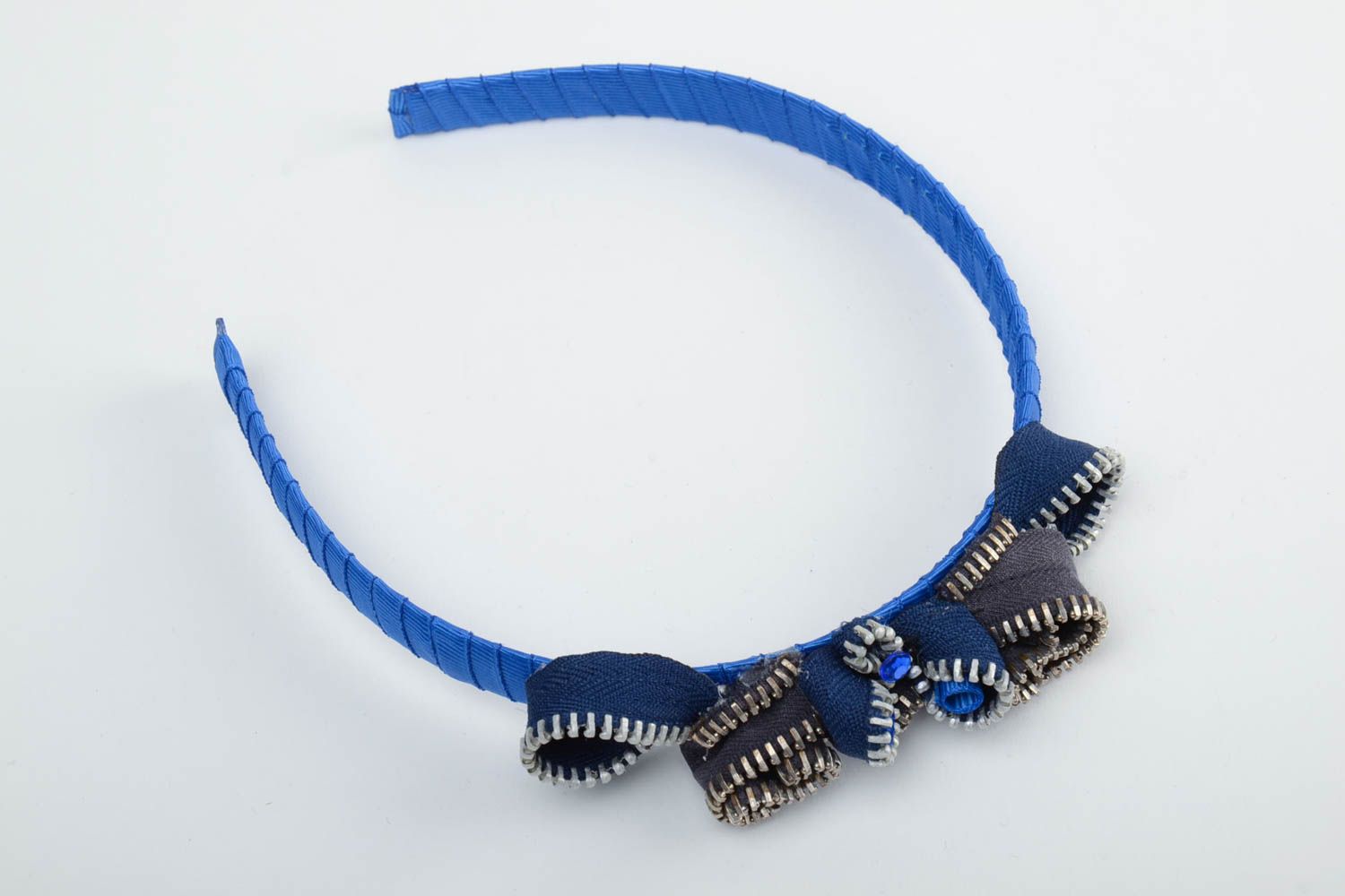 Beautiful handmade elegant hairband blue bow with zipper stylish trendy accessory photo 2