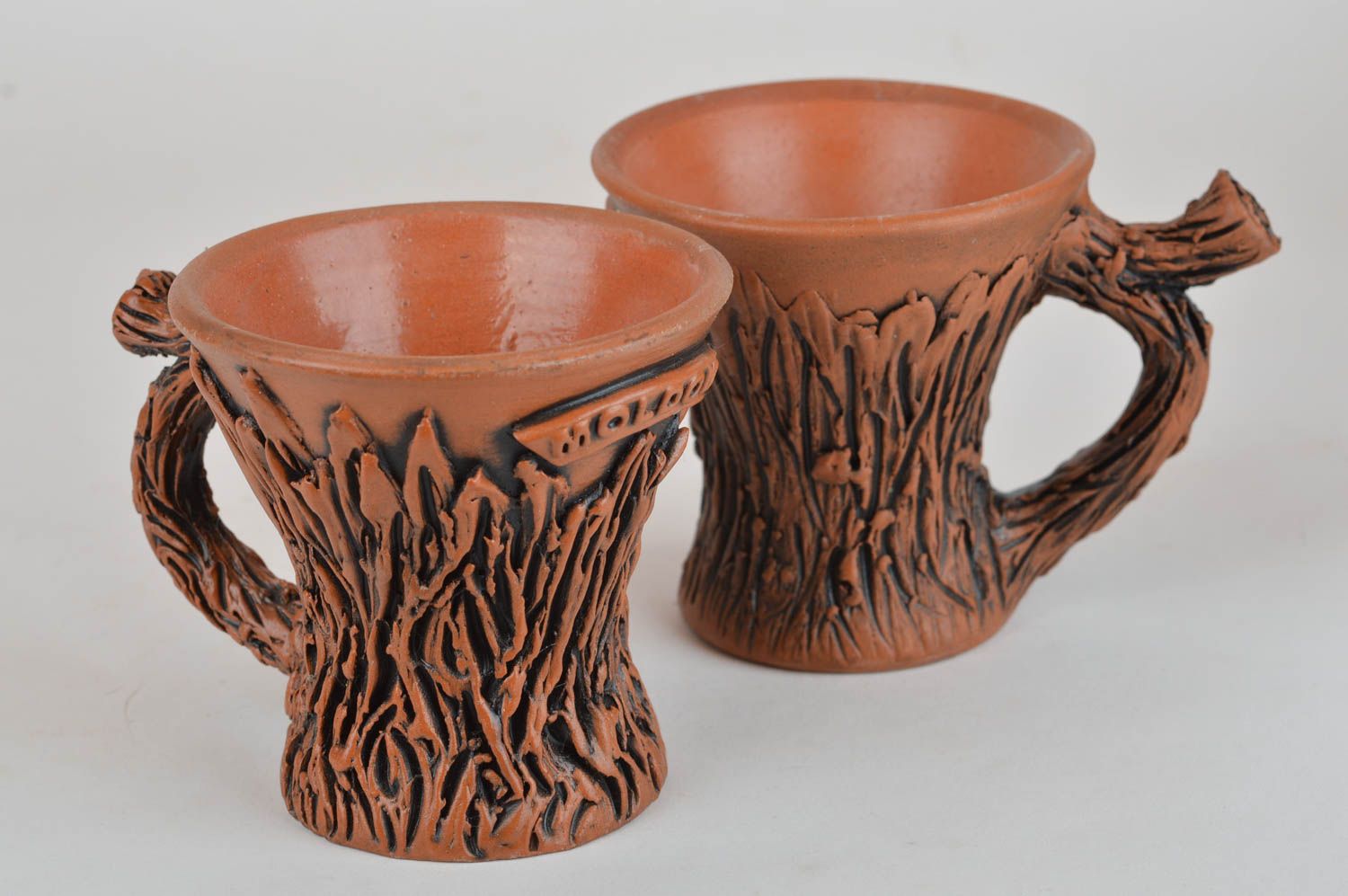 Set of 2 small ceramic 3 oz coffee cups of fake wooden brown color photo 2