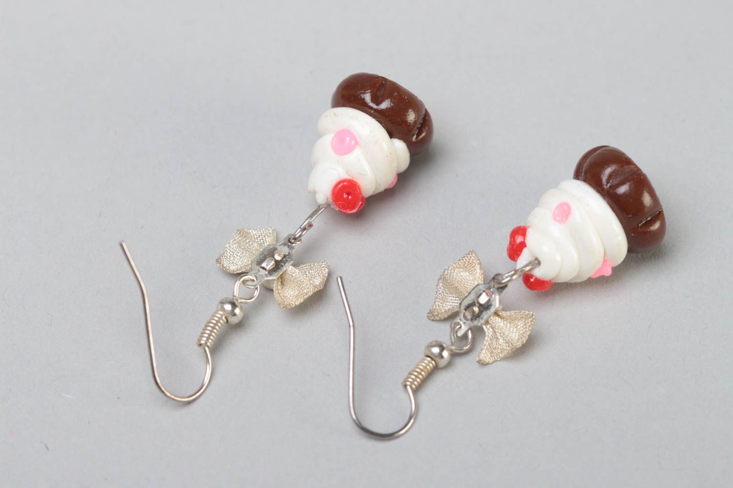Handmade designer polymer clay dangling earrings with colorful cupcakes photo 4
