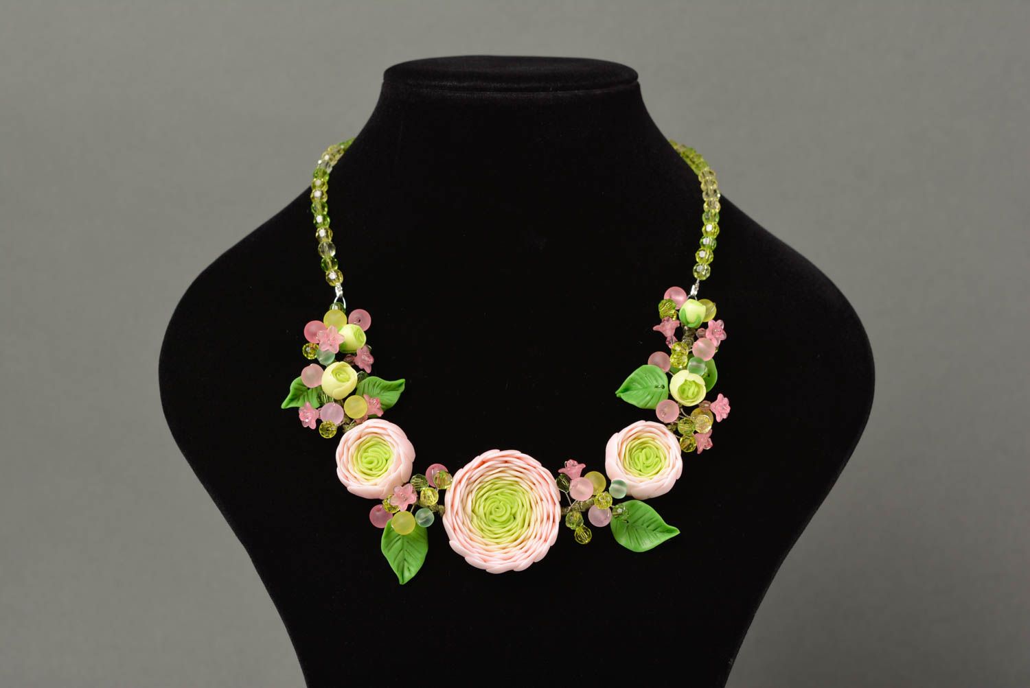 Handmade designer necklace with light pink polymer clay flowers Ranunculus photo 2
