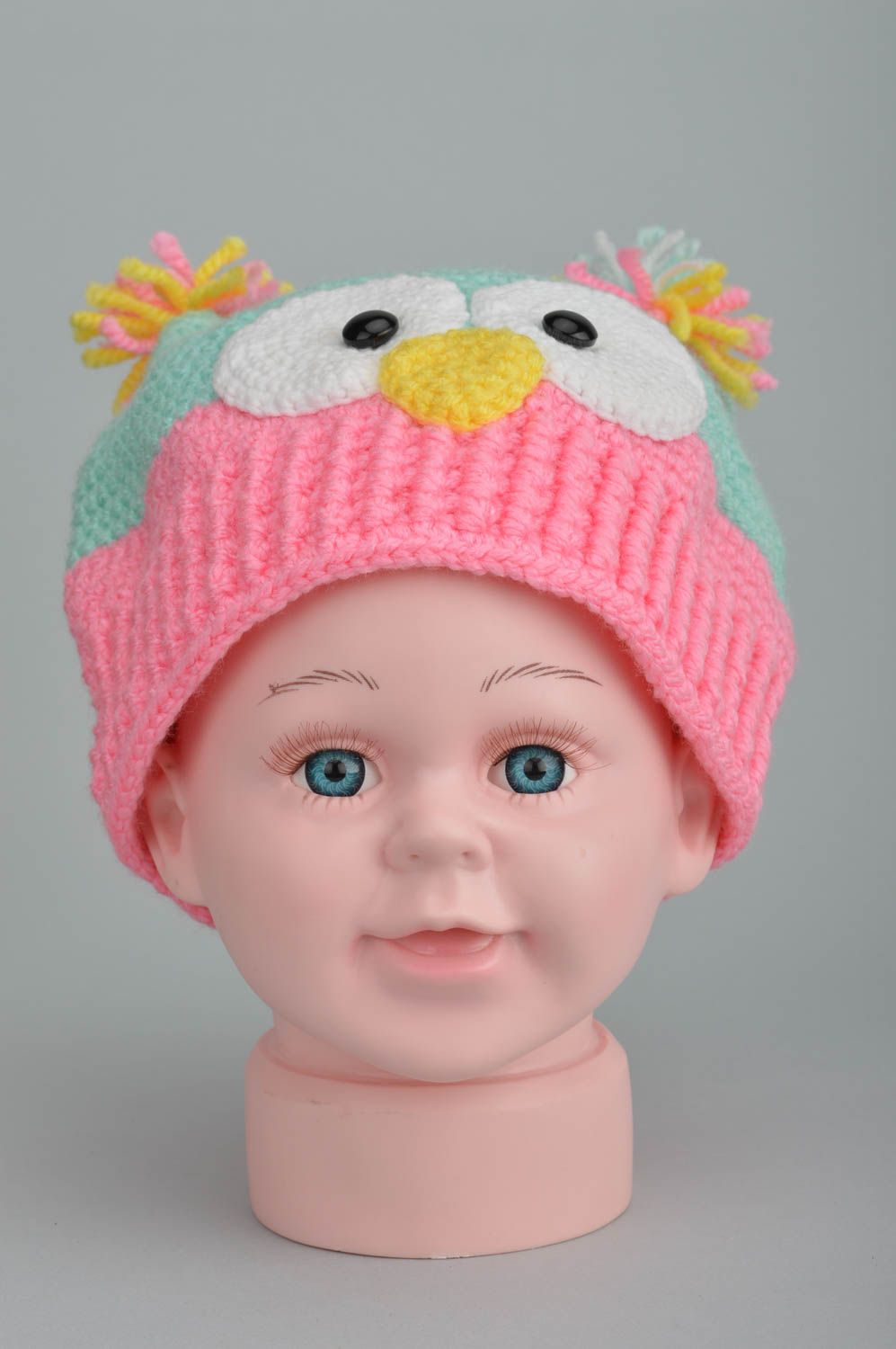 Bonnet tricot Chapeau au crochet fait main laine coton hibou Vêtement enfant photo 2