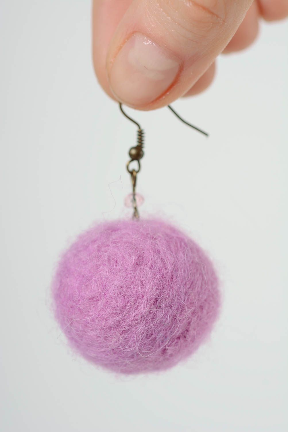 Beautiful handmade designer felted wool ball earrings of lilac color photo 5
