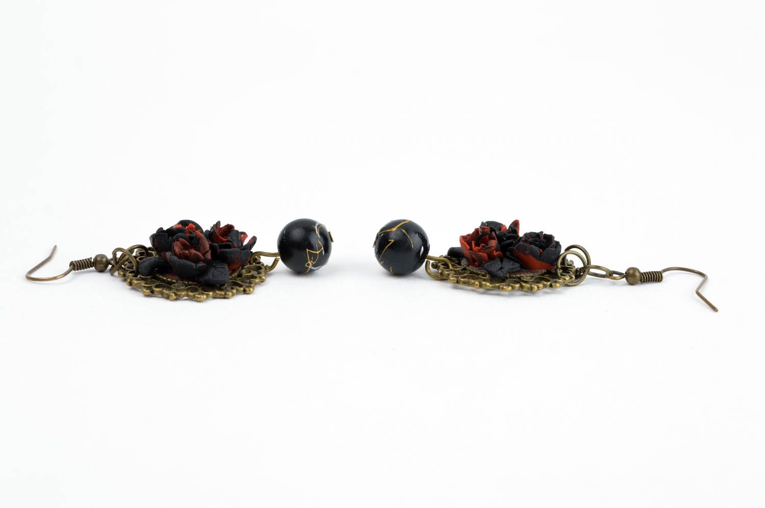 Schwarz rote Blumen Ohrringe handmade Polymer Schmuck Accessoire für Frauen foto 2