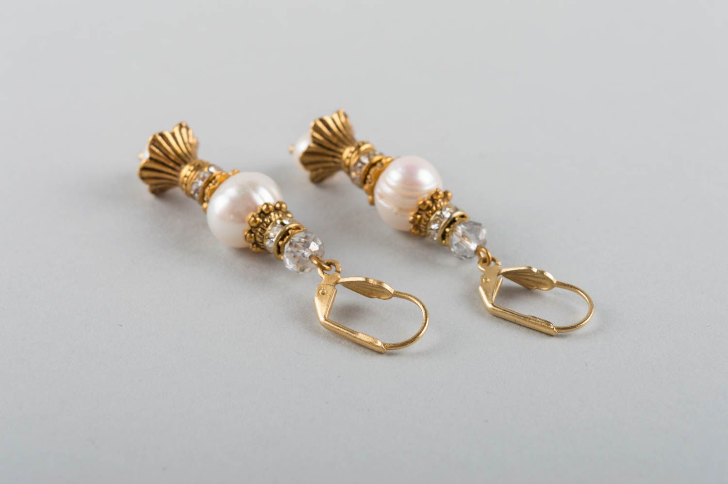 Beautiful refined handmade designer brass earrings with natural pearls  photo 4