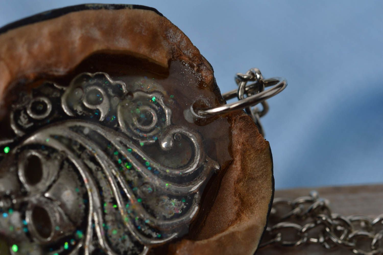 Handmade cute luminous pendant made of nut with metal mask of stranger photo 5