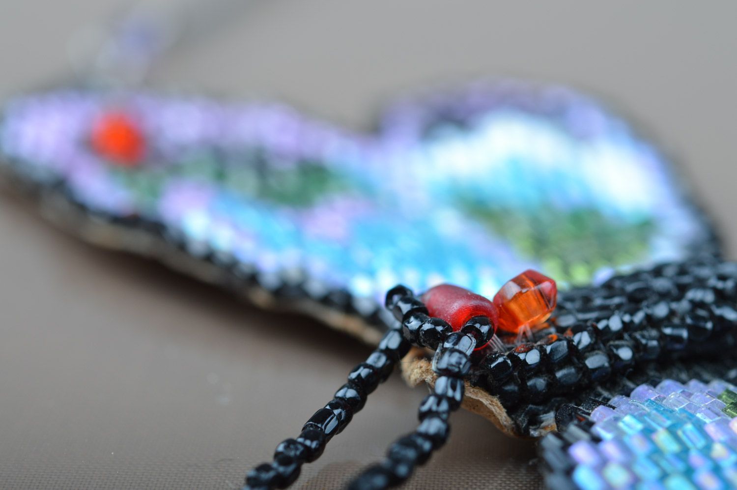 Handmade long elegant beaded neck pendant Blue Butterfly on long chain for women photo 3