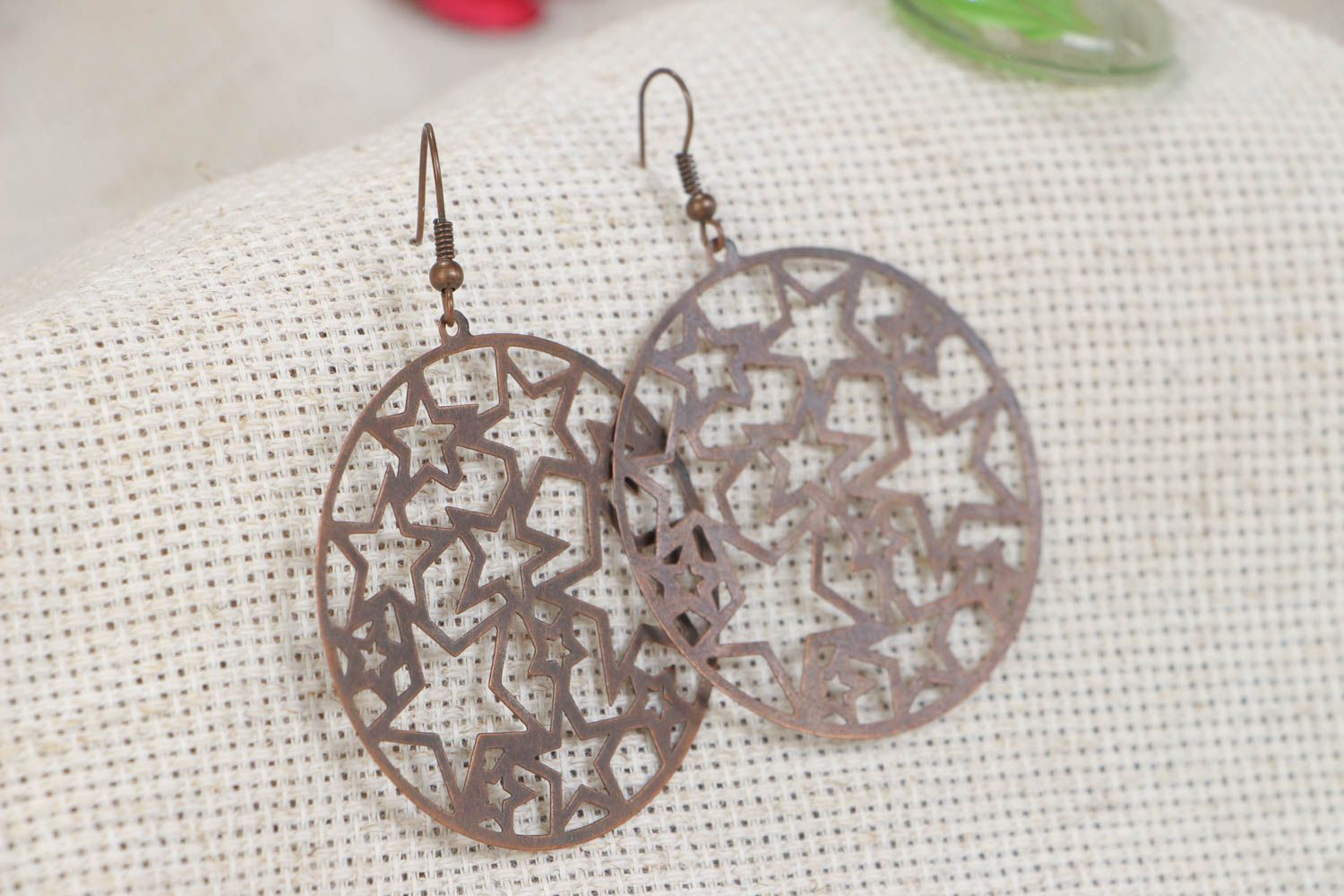 Beautiful handmade long metal lace earrings with stars photo 1