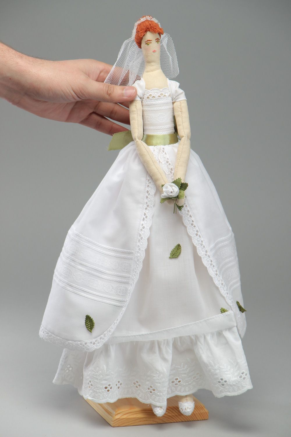Beautiful handmade decorative fabric doll in wedding dress photo 4