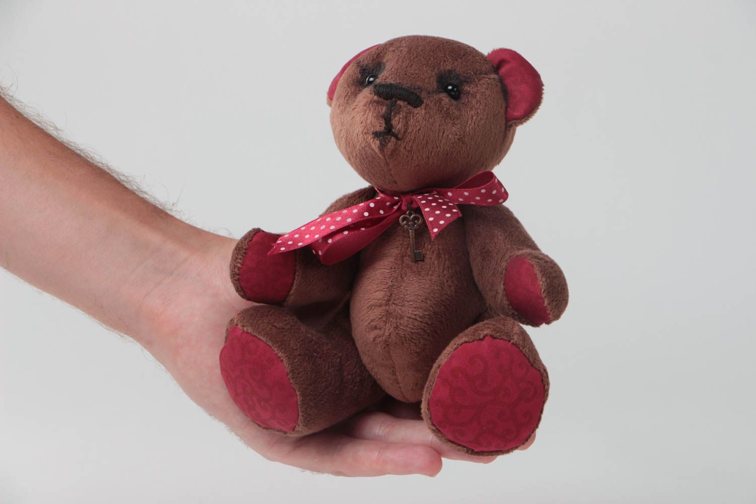 Handmade designer plush soft toy small brown and red bear with bow for children photo 5