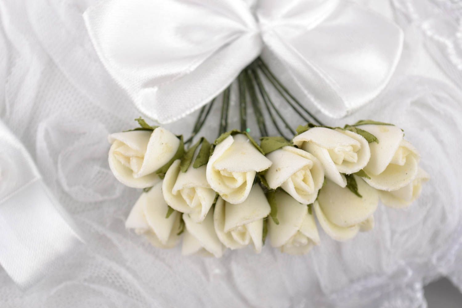 Beautiful rectangular white handmade wedding pillow for rings with flowers photo 2