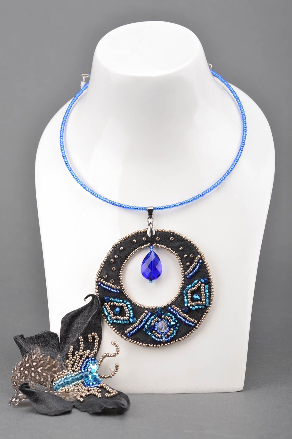 Set of jewelry made of leather embroidered with beads pendant and brooch photo 1