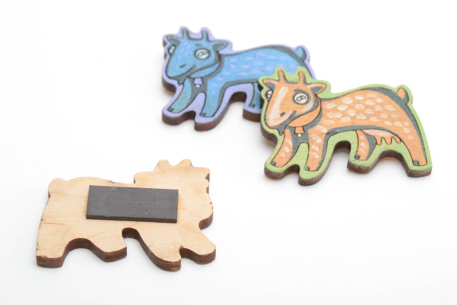 Set of 3 handmade decorative painted plywood animal fridge magnets Goats photo 3