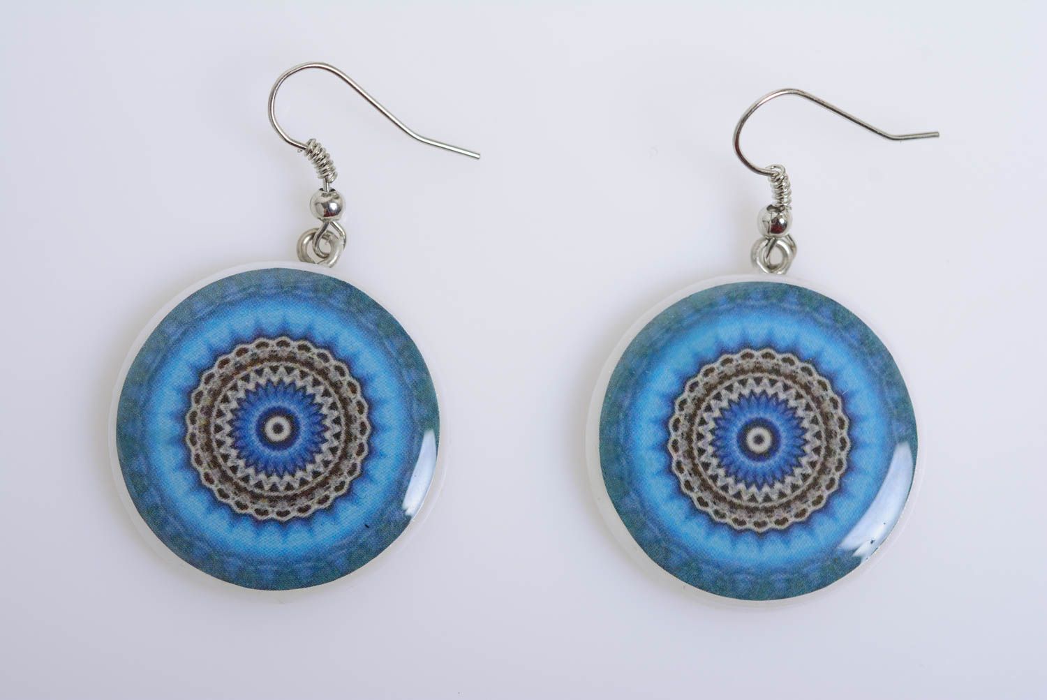 Handmade blue round dangling polymer clay decoupage earrings with ornament photo 5