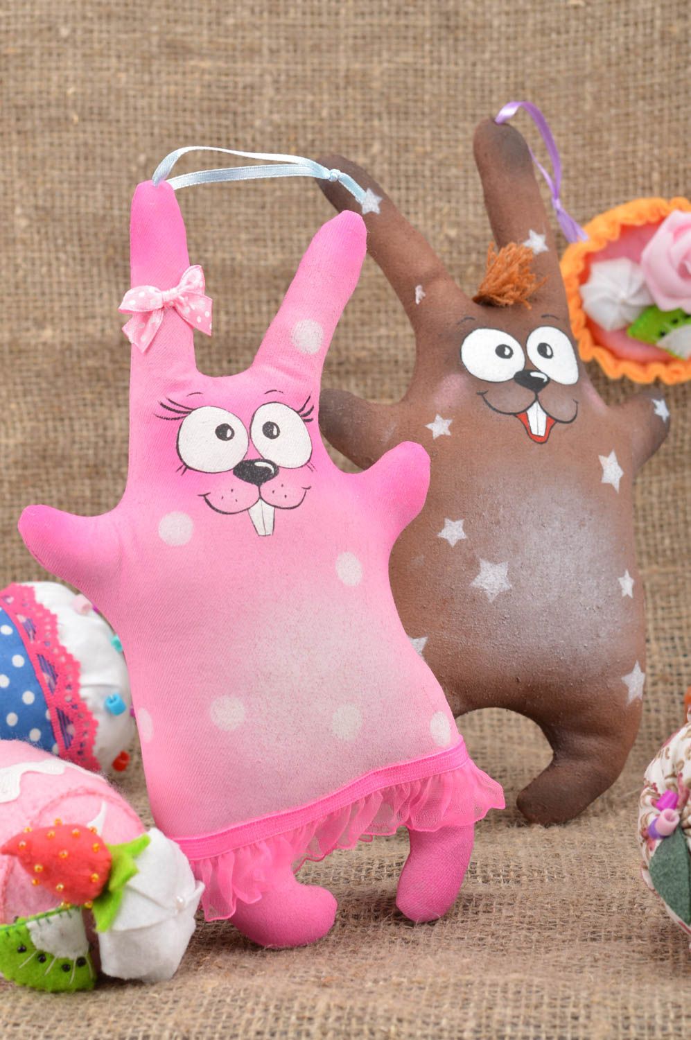 Set of handmade soft toys pink and brown hares with smell 2 pieces wall pendant photo 1
