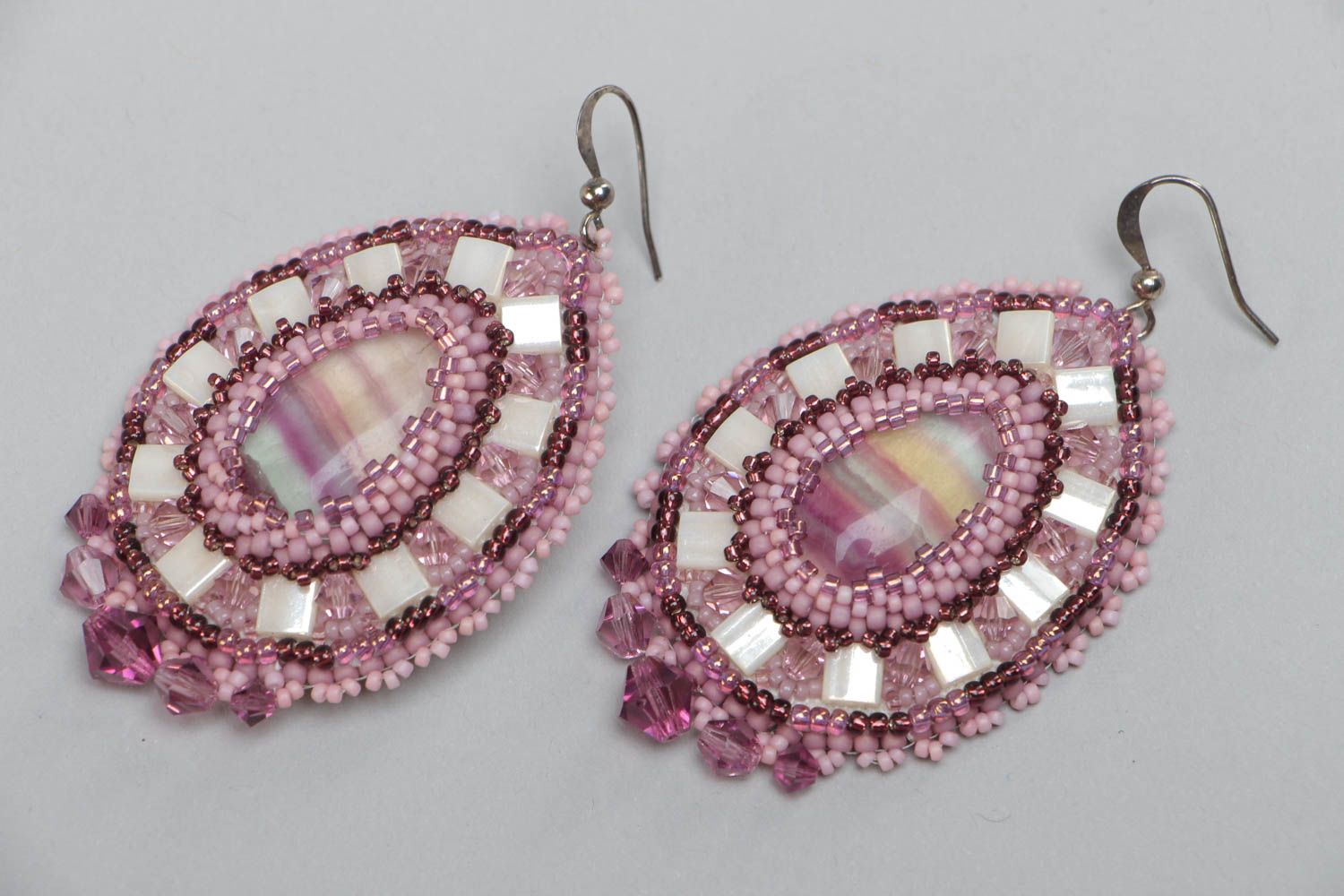 Handmade violet earrings embroidered with beads crystals and natural stone photo 2