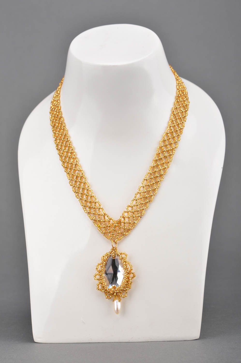 Handmade goldish woven beautiful unusual designer pendant made of beads photo 1