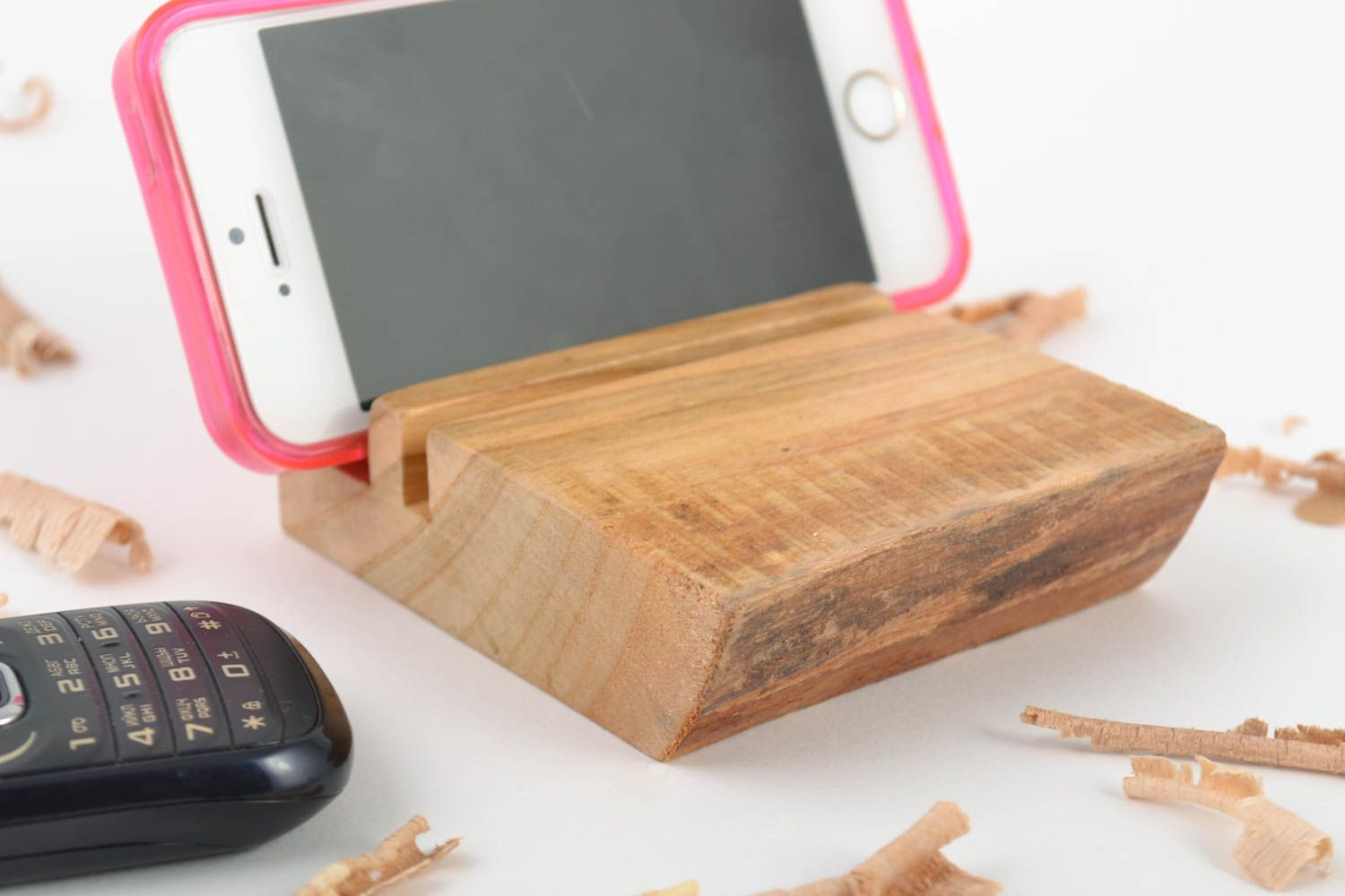 Small handmade laconic designer wooden varnished phone stand eco decoration photo 1