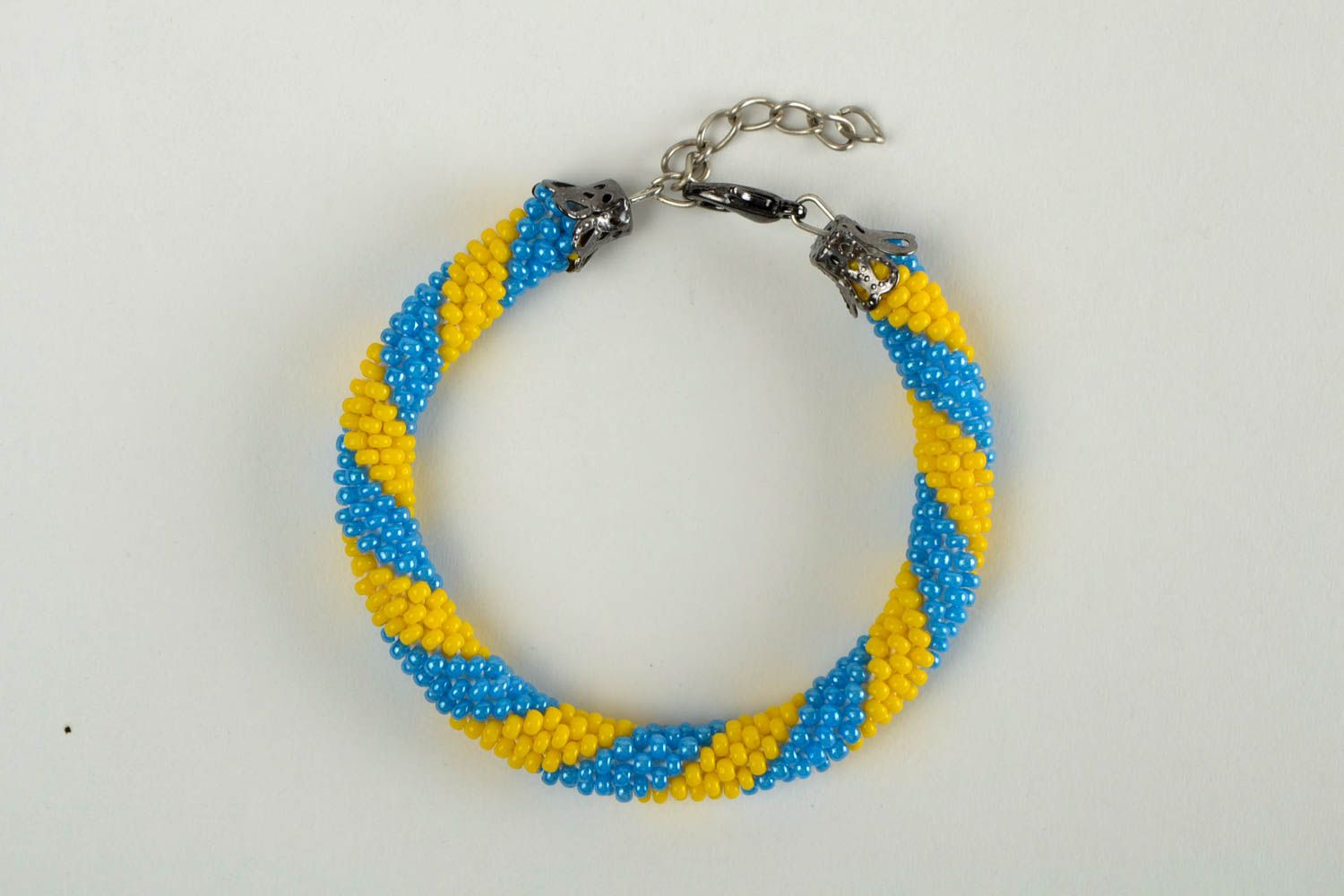 Handcrafted womans bracelet yellow and blue beaded accessory crocheted accessory photo 4