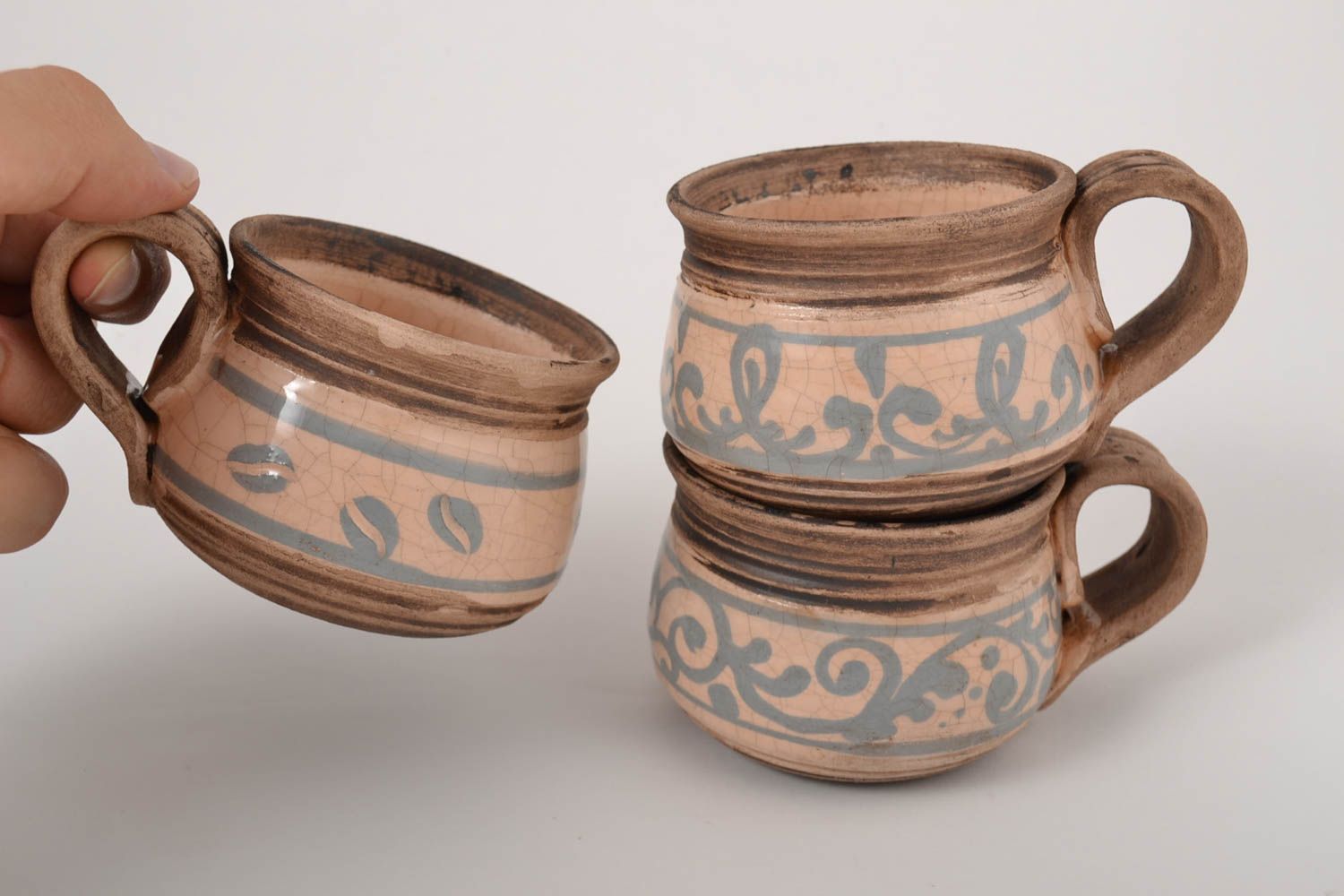 Set of 3 three ceramic coffee cups glazed in Italian classic style photo 4