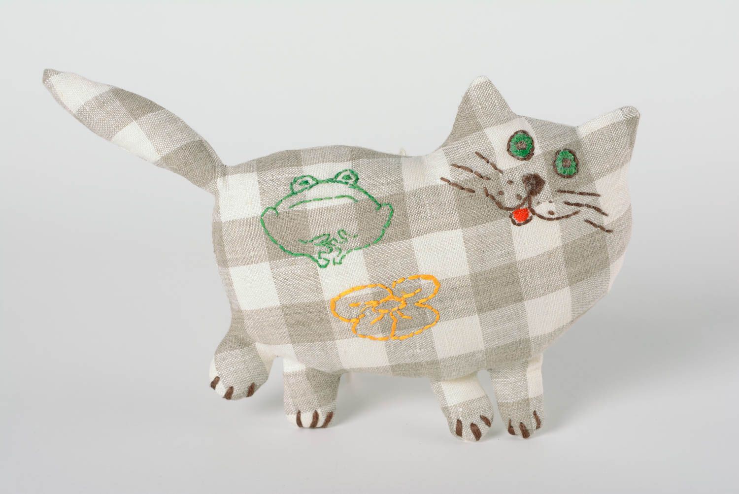 Handmade linen fabric soft toy checkered gray cat for kids and interior decor photo 1
