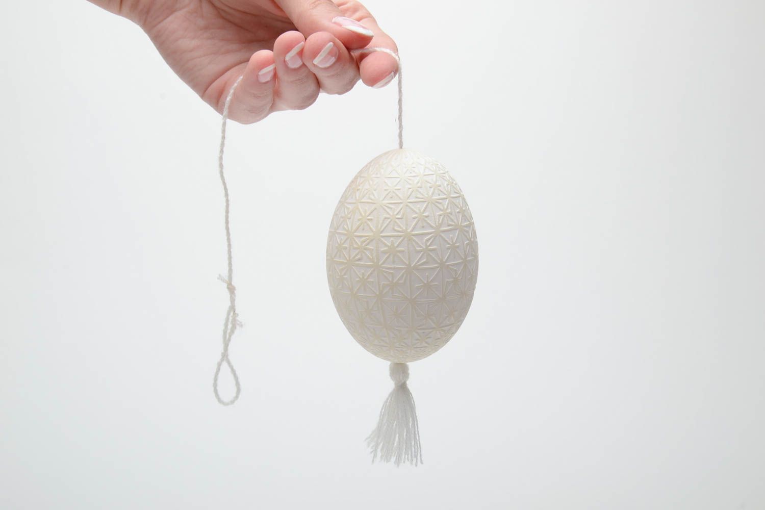 Handmade decorative white wall hanging Easter egg etched with vinegar with tassel photo 5