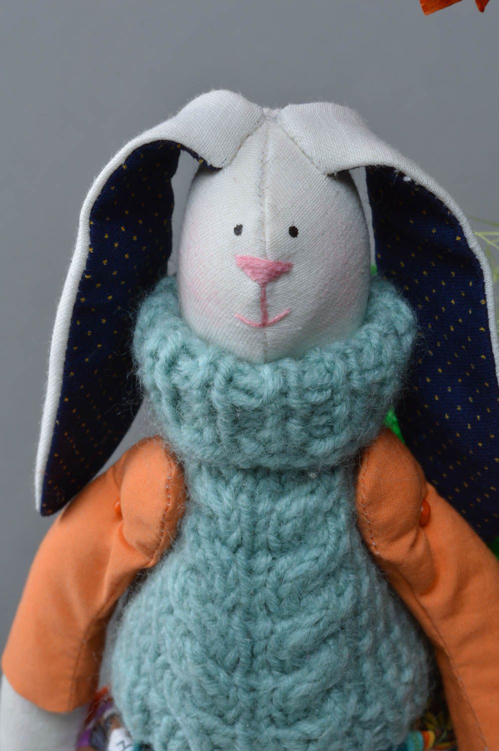 Handmade interior designer fabric soft toy rabbit in blue knit sweater photo 3