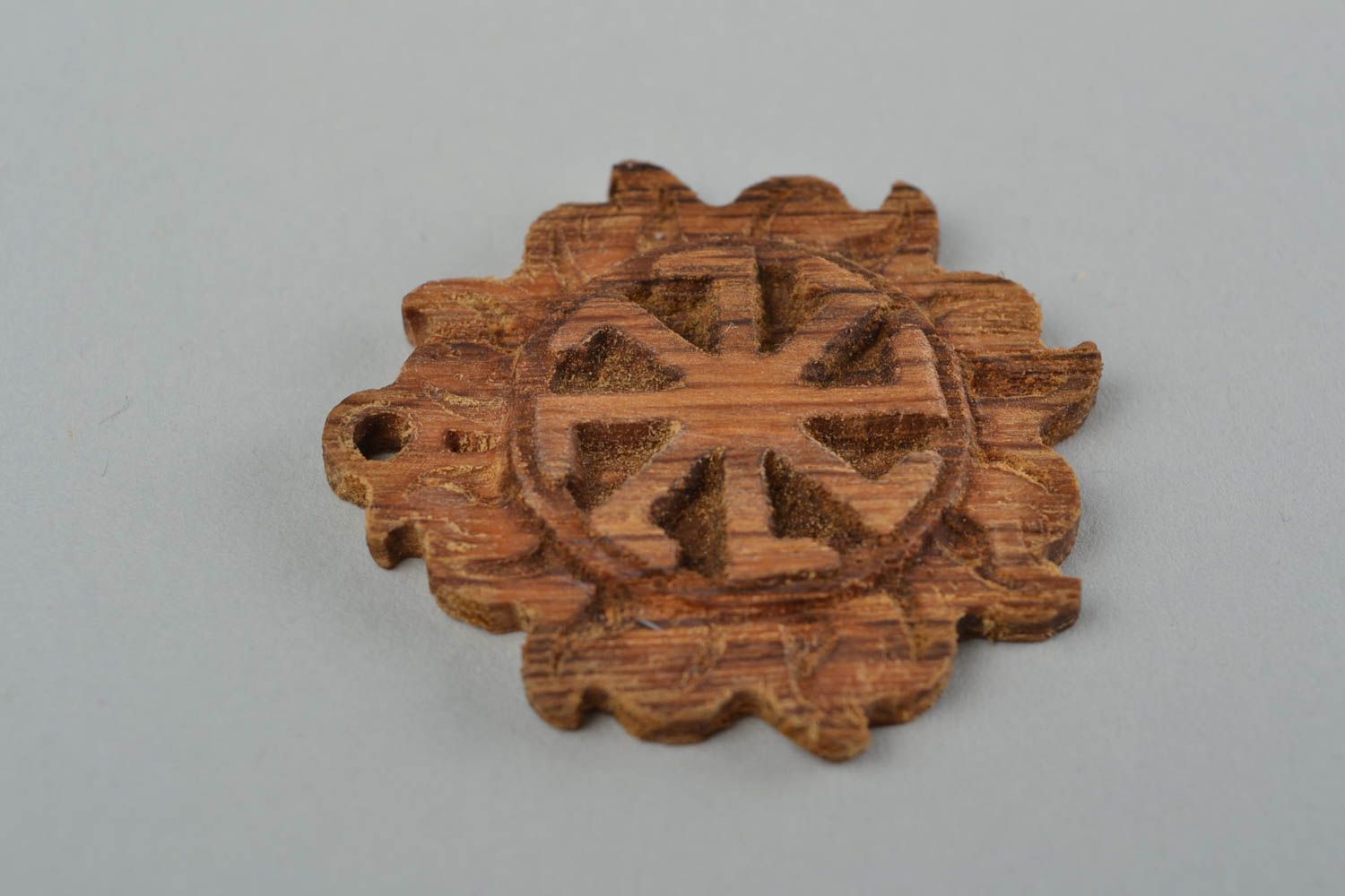 Slavonic handmade round pendant amulet made of wood Kolovrat in the Sun photo 4