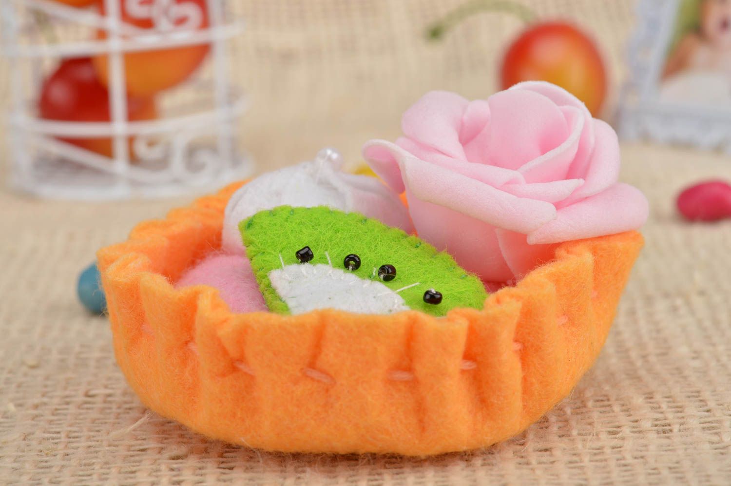 Handmade cute beautiful colorful cake made of felt in basket home decor photo 1