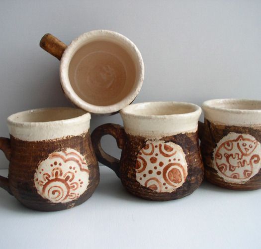 8 oz clay cups' set in brown and beige color with handle and molded pattern photo 1