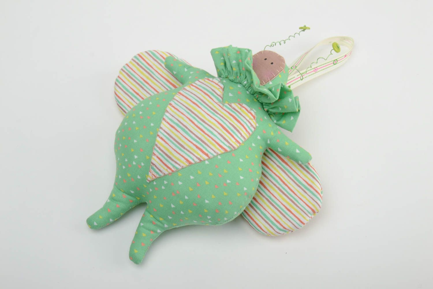 Handmade small satin fabric soft toy funny green beetle with striped wings photo 2