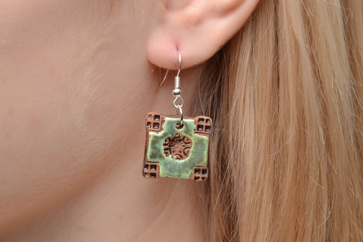 Square ceramic earrings in ethnic style photo 2