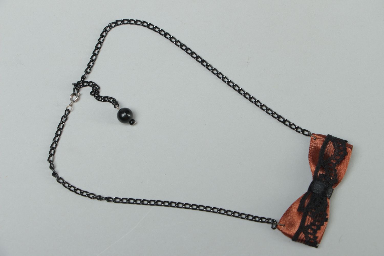 Handmade fabric bow pendant with chain photo 1