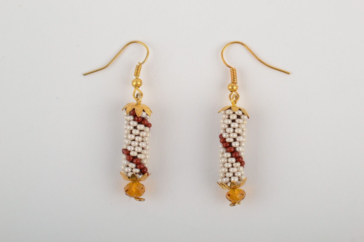 Cute handmade beaded dangle earrings in light color palette  photo 5