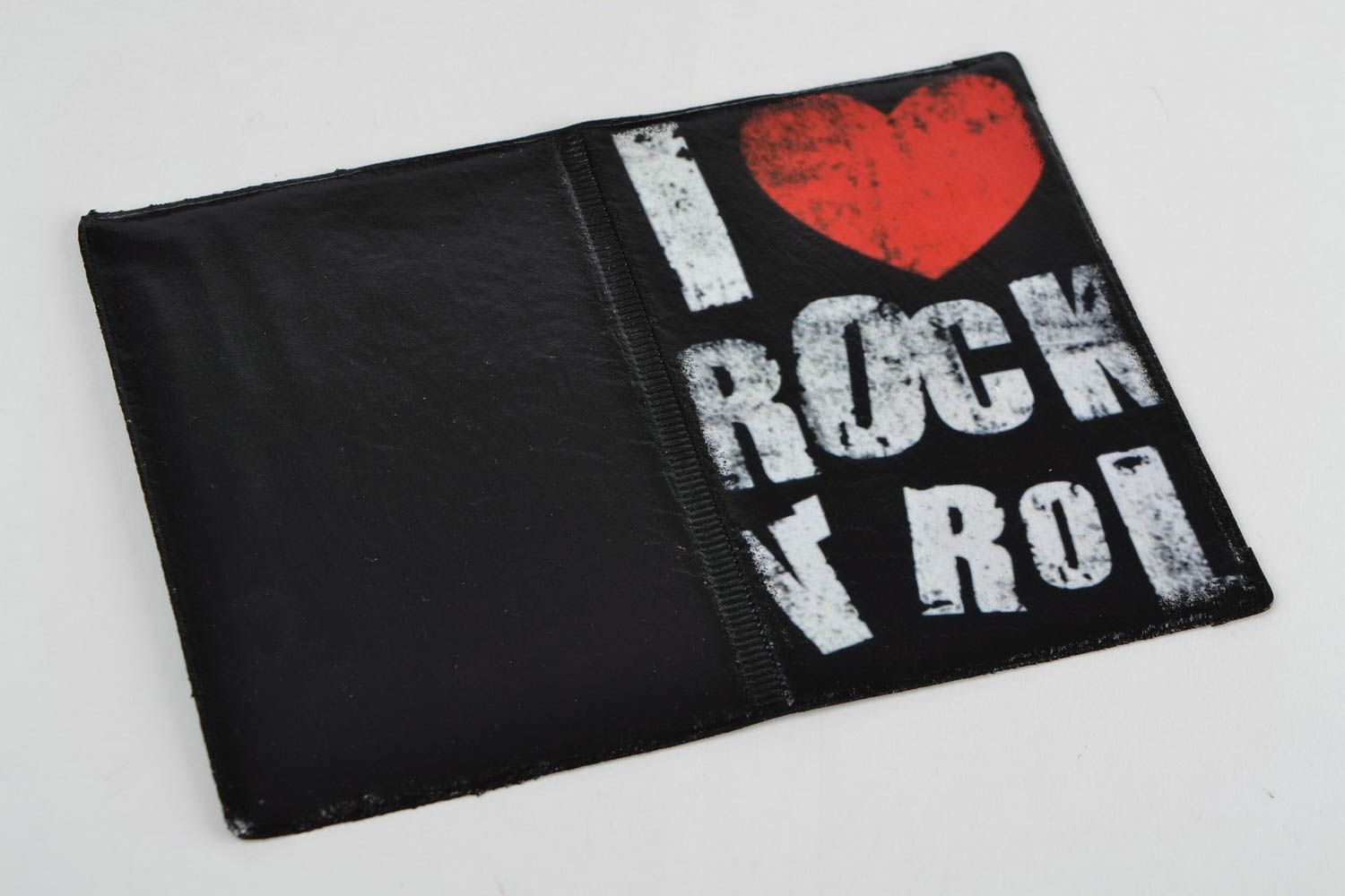 Handmade designer faux leather passport cover with decoupage I love rock n roll photo 2