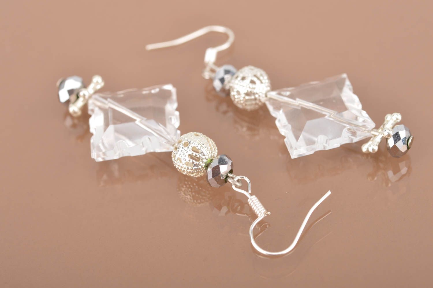 Unusual festive handmade earrings made of transparent beads with charms photo 5