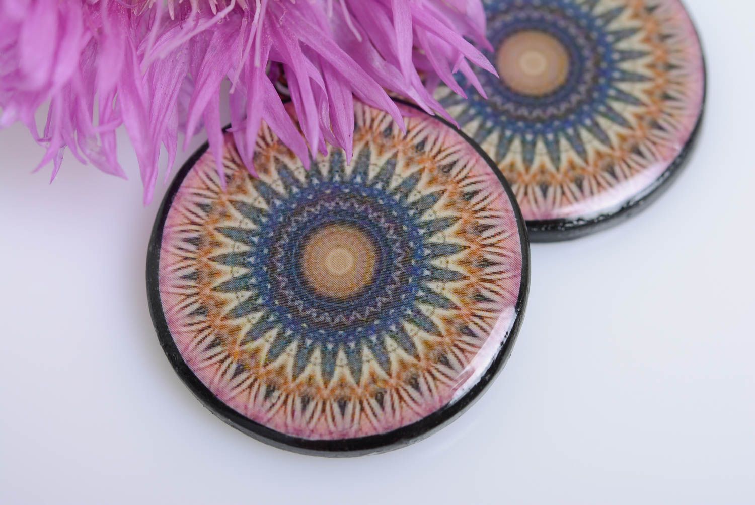 Polymer clay earrings round stylish designer handmade accessory with pattern photo 2