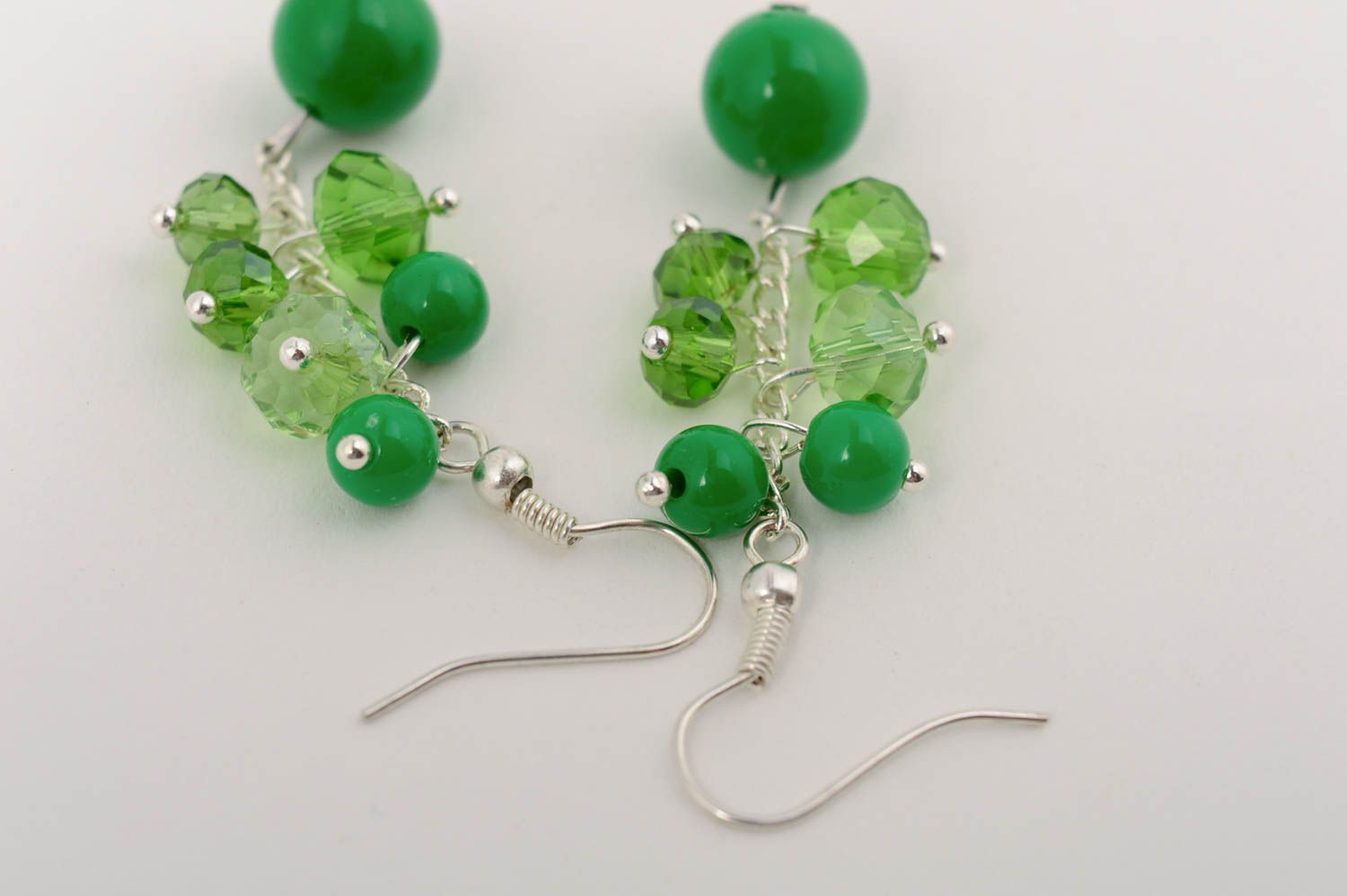 Handmade designer long dangle earrings with green plastic and crystal beads photo 3