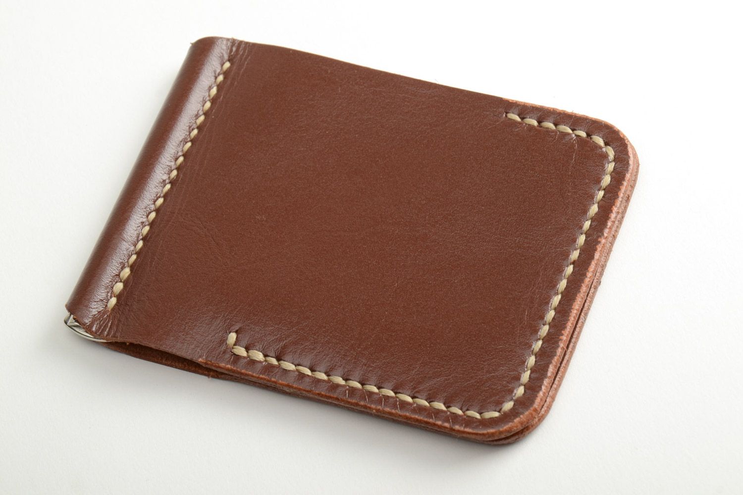 Homemade genuine leather wallet of brown color sewn with waxed thread with clip  photo 2