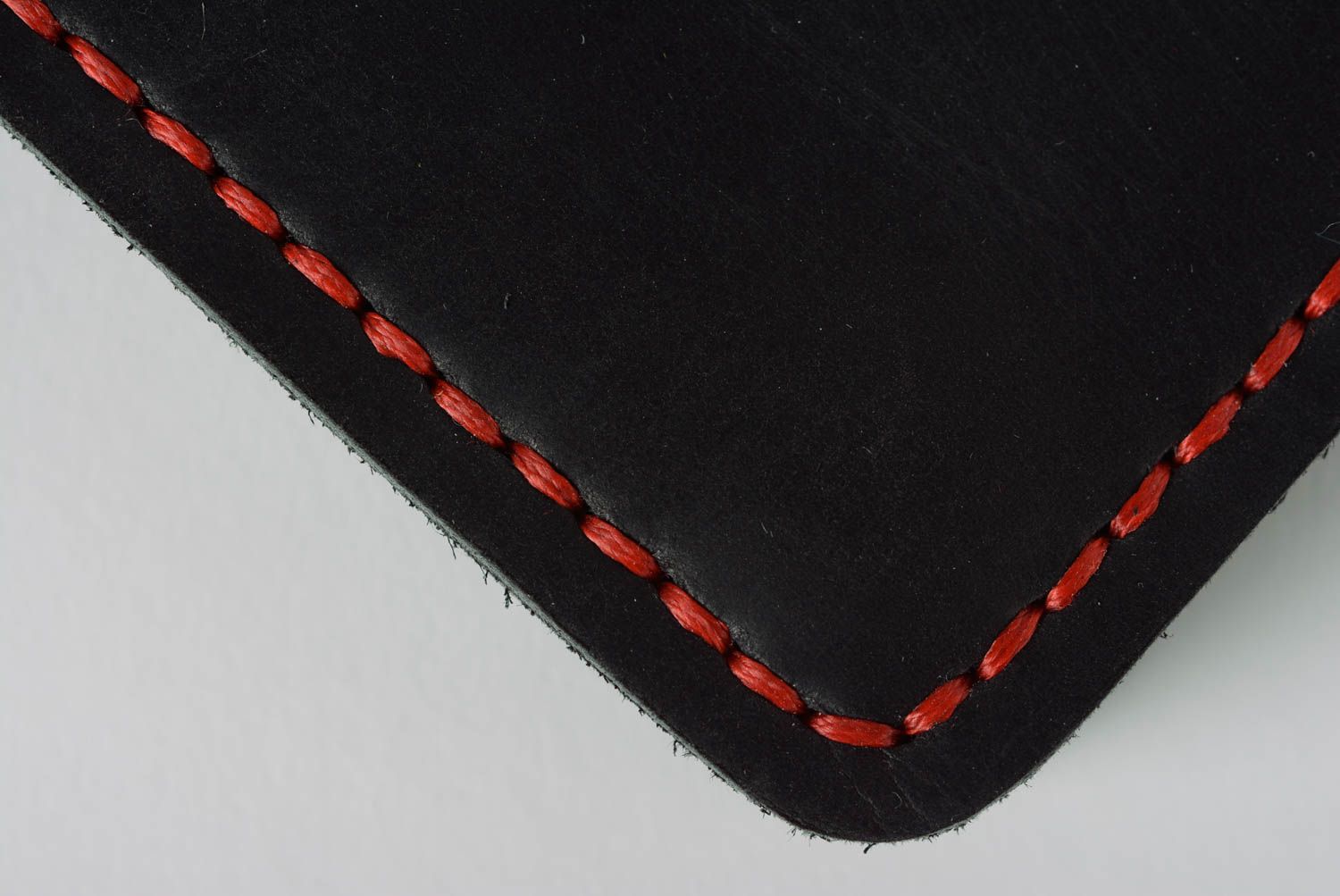 Handmade designer large black genuine leather wallet stitched with red threads photo 3