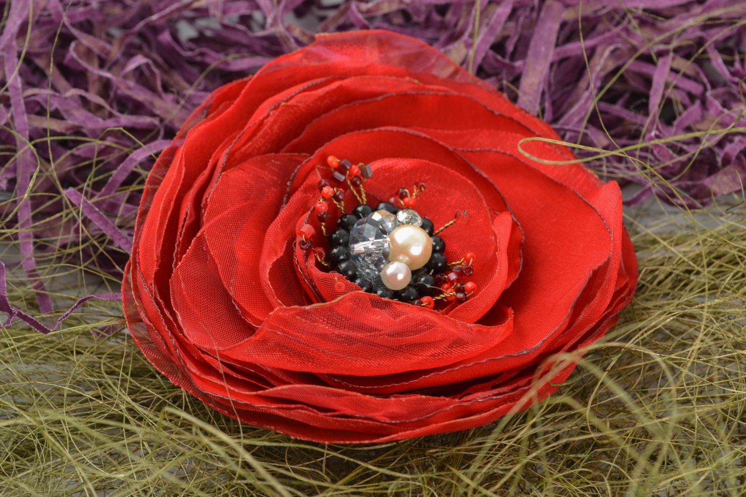 Handmade textile brooch Red Poppy photo 1