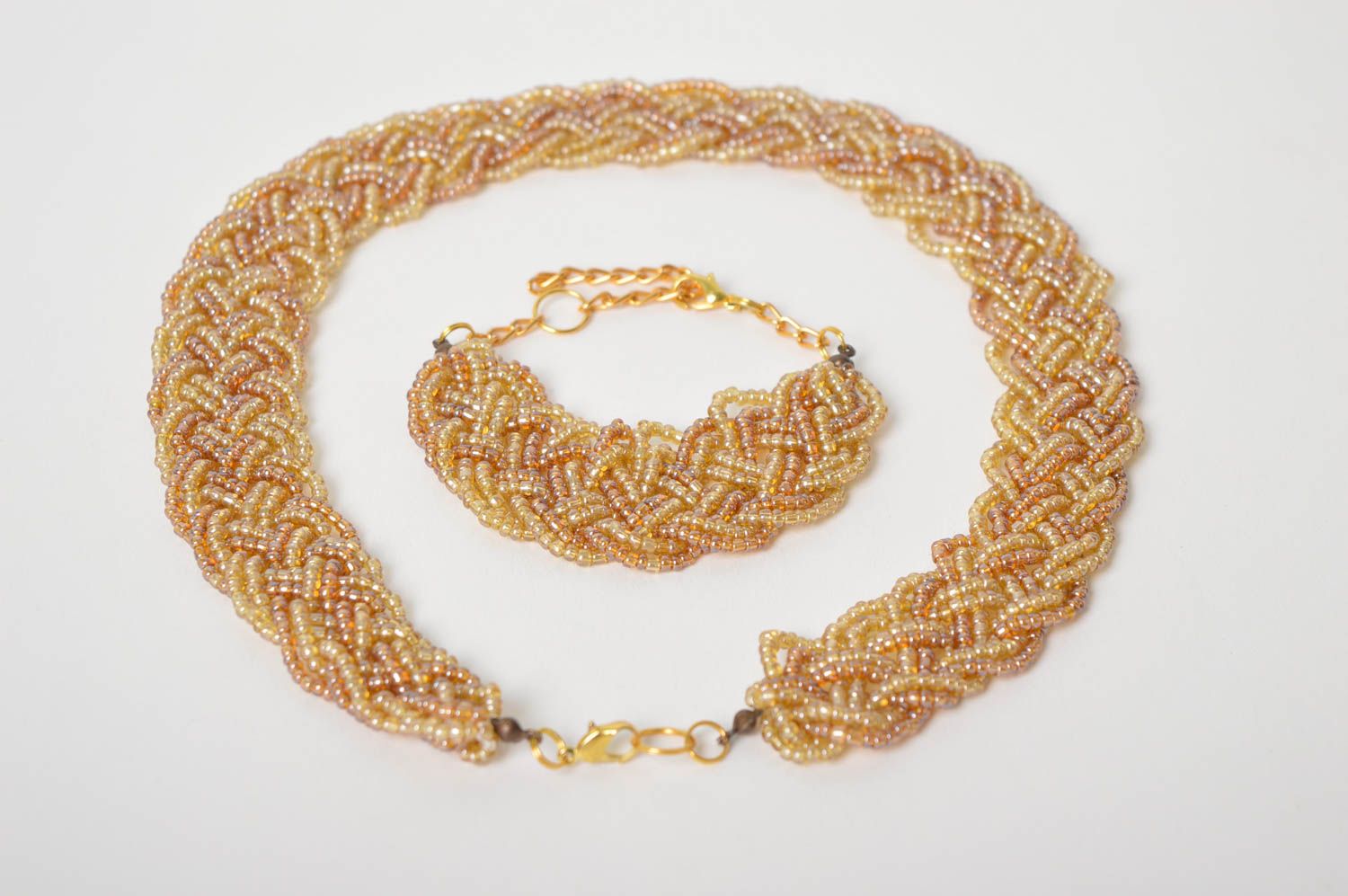 Handmade Schmuck Set Collier Halskette Damen Armband aus Rocailles beige foto 3