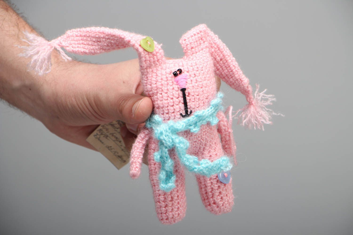 Charming crochet toy in the shape of pink hare photo 4