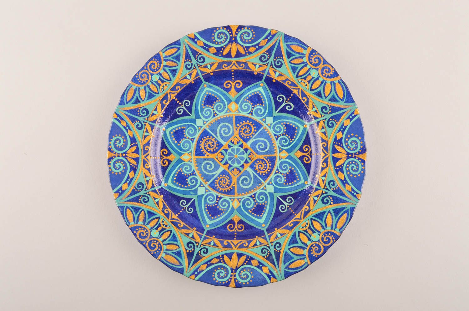 Расписная тарелка ручной работы керамическая тарелка глиняная посуда голубая фото 4